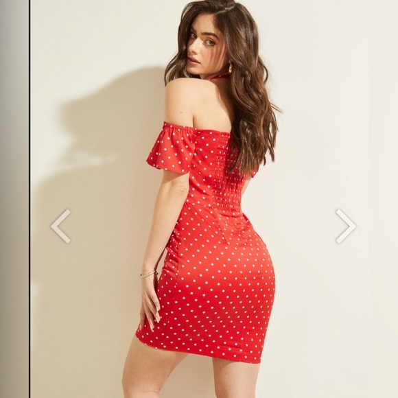 New Red Polka Dot Off-Shoulder Dress size S - Picture 4 of 8